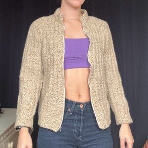 Vintage Hand-Knit Oatmeal Wool Zip-up Sweater